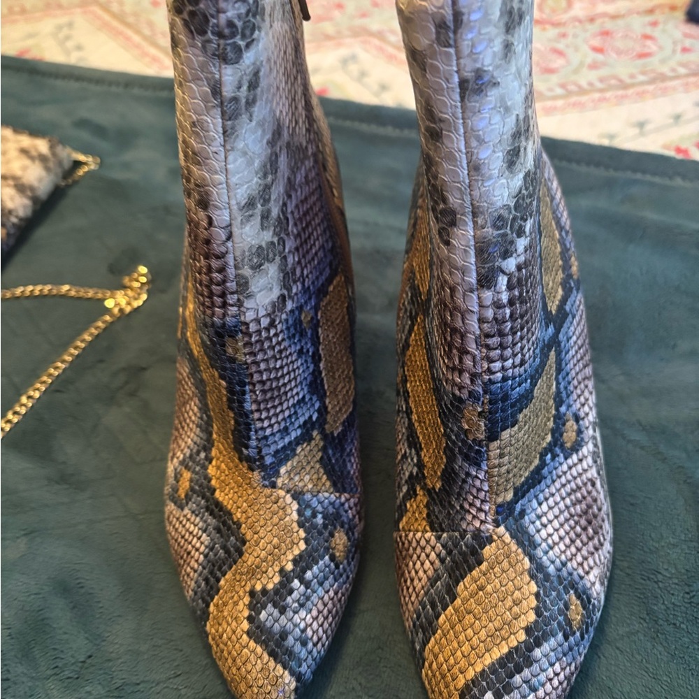 Express Snake-Print Pointed Ankle Booties in Brown and Gray